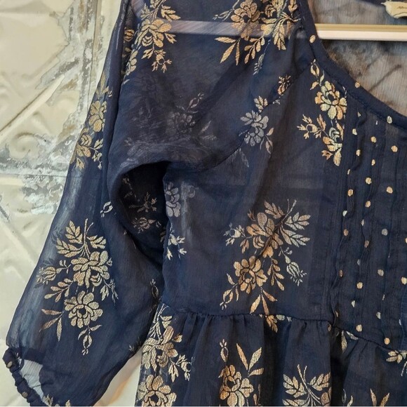Abercrombie & Fitch Y2K Floral Sheer Blouse with Button Detail Size XS Blue/Gold - Picture 4 of 11